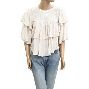 Free People Rose Party Tee Blouse Top Swingy Floral Embroidered Ruffle S 281541